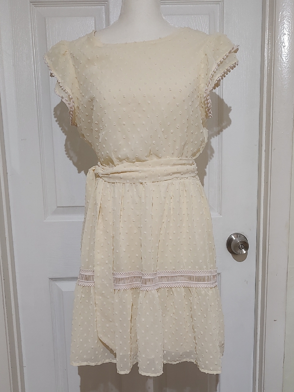 Cream Swiss Dot Tie Waist Flutter Sleeve Dress